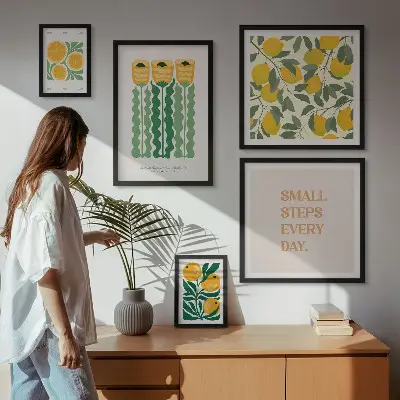 Conjunto de cuadros decorativos con diseño de flores cítricos y frases positivas
