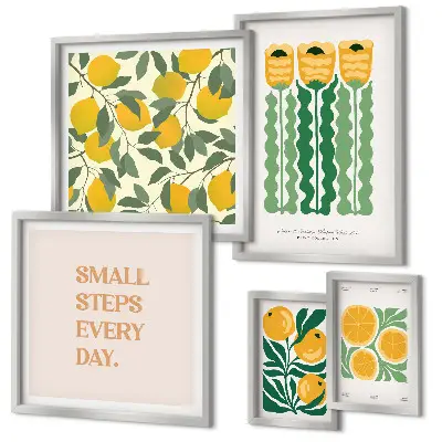 Conjunto de cuadros decorativos con diseño de flores cítricos y frases positivas