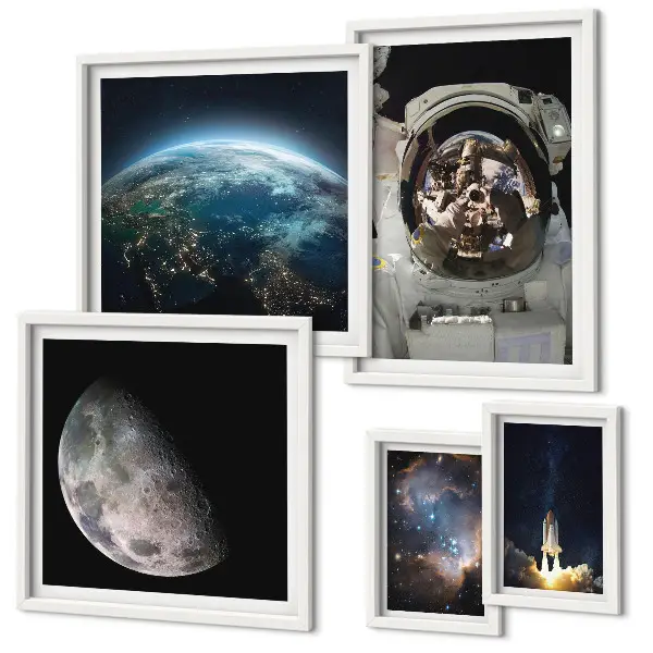 Set de 5 cuadros para salón con motivos de descubrimientos espaciales de los astronautas