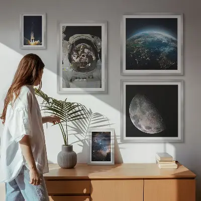 Set de 5 cuadros para salón con motivos de descubrimientos espaciales de los astronautas