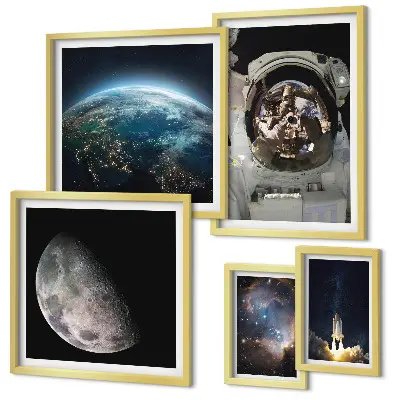 Set de 5 cuadros para salón con motivos de descubrimientos espaciales de los astronautas