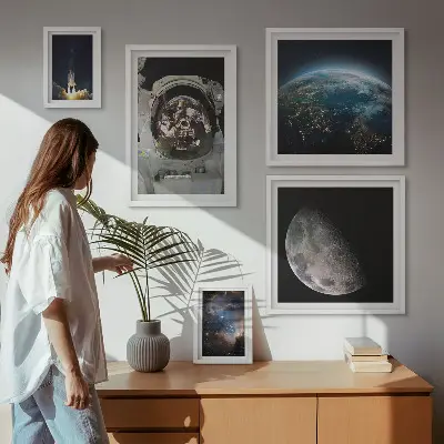 Set de 5 cuadros para salón con motivos de descubrimientos espaciales de los astronautas