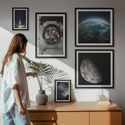 Set de 5 cuadros para salón con motivos de descubrimientos espaciales de los astronautas