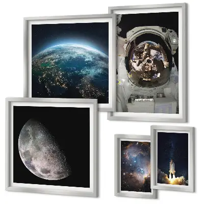 Set de 5 cuadros para salón con motivos de descubrimientos espaciales de los astronautas