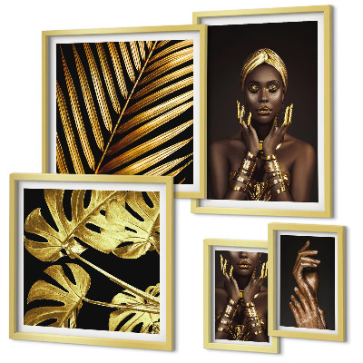Set de 5 cuadros para salón Retratos de mujeres en la naturaleza con un estilo glamuroso.