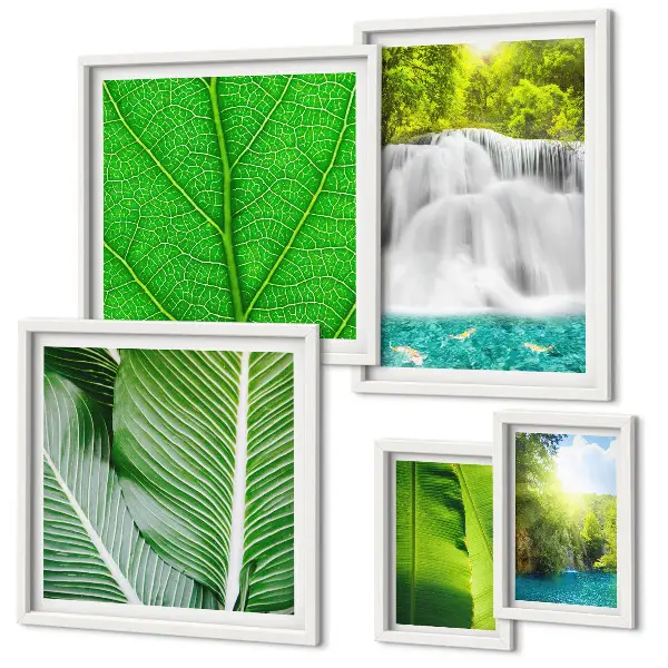 Conjunto de cuadros decorativos con diseño de cascadas y palmeras tropicales