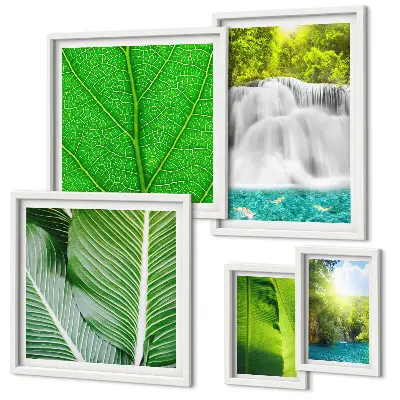 Conjunto de cuadros decorativos con diseño de cascadas y palmeras tropicales