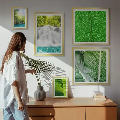Conjunto de cuadros decorativos con diseño de cascadas y palmeras tropicales