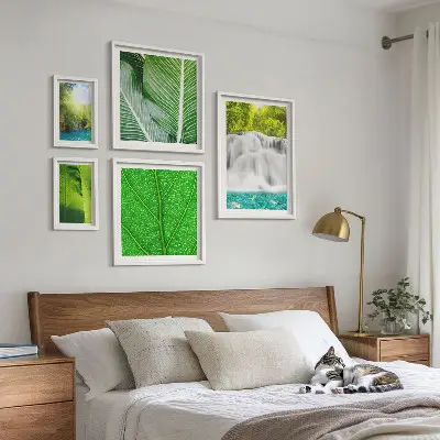 Conjunto de cuadros decorativos con diseño de cascadas y palmeras tropicales