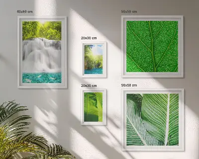 Conjunto de cuadros decorativos con diseño de cascadas y palmeras tropicales