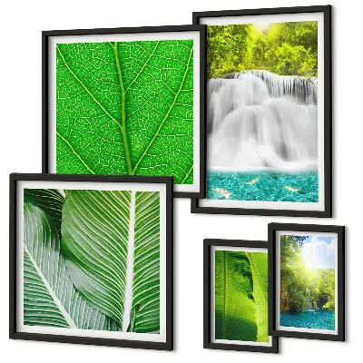 Conjunto de cuadros decorativos con diseño de cascadas y palmeras tropicales