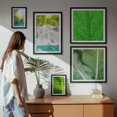 Conjunto de cuadros decorativos con diseño de cascadas y palmeras tropicales
