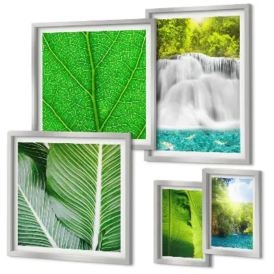 Conjunto de cuadros decorativos con diseño de cascadas y palmeras tropicales