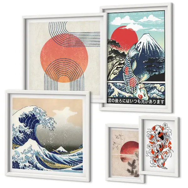 Set de 5 cuadros para salón con motivos de olas japonesas