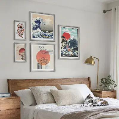 Set de 5 cuadros para salón con motivos de olas japonesas