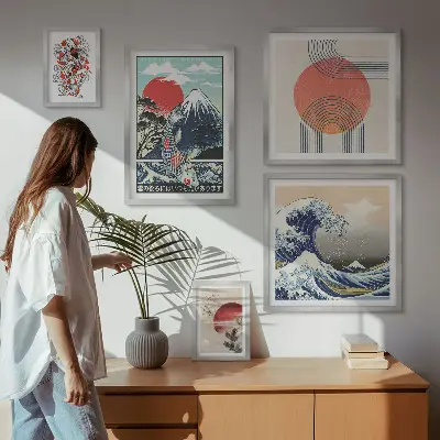 Set de 5 cuadros para salón con motivos de olas japonesas