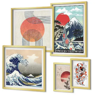 Set de 5 cuadros para salón con motivos de olas japonesas