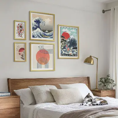 Set de 5 cuadros para salón con motivos de olas japonesas