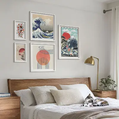 Set de 5 cuadros para salón con motivos de olas japonesas