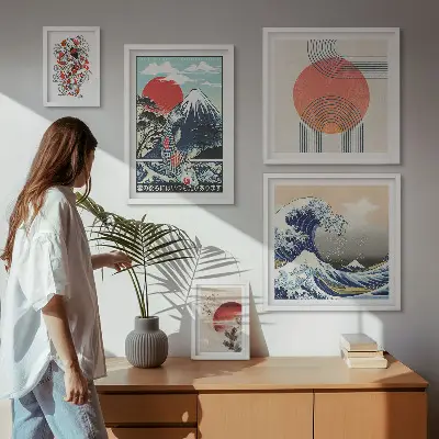 Set de 5 cuadros para salón con motivos de olas japonesas