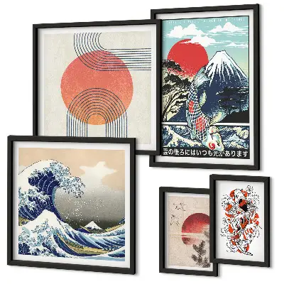 Set de 5 cuadros para salón con motivos de olas japonesas
