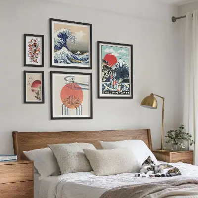 Set de 5 cuadros para salón con motivos de olas japonesas