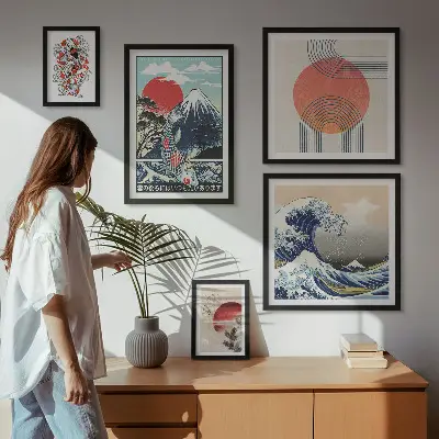 Set de 5 cuadros para salón con motivos de olas japonesas