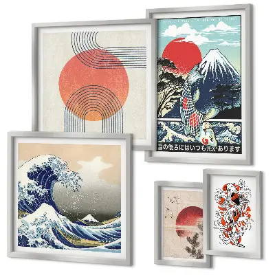 Set de 5 cuadros para salón con motivos de olas japonesas
