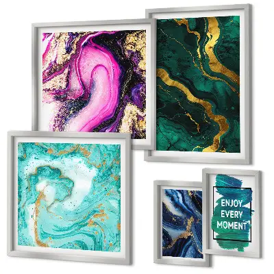 Conjunto de cuadros decorativos diseños abstractos en tonos verde y morado