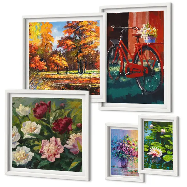 Set de 5 cuadros para salón con diseño de flores en paisaje primaveral