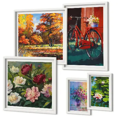 Set de 5 cuadros para salón con diseño de flores en paisaje primaveral