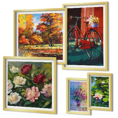 Set de 5 cuadros para salón con diseño de flores en paisaje primaveral