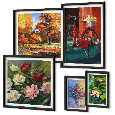 Set de 5 cuadros para salón con diseño de flores en paisaje primaveral