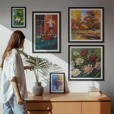 Set de 5 cuadros para salón con diseño de flores en paisaje primaveral