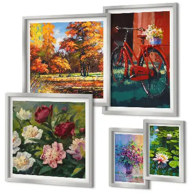 Set de 5 cuadros para salón con diseño de flores en paisaje primaveral