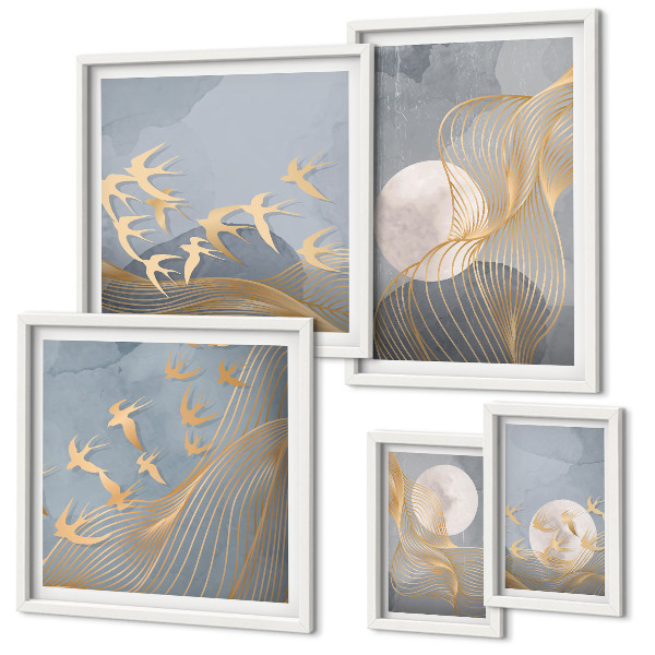 Conjunto de cuadros decorativos Ondas abstractas y pájaros