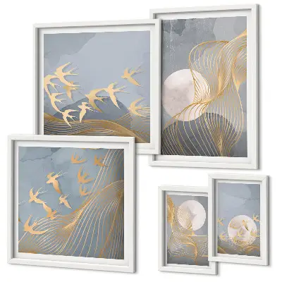 Conjunto de cuadros decorativos con diseño de ondas abstractas y pájaros