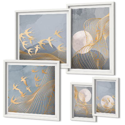 Conjunto de cuadros decorativos Ondas abstractas y pájaros