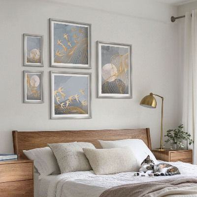 Conjunto de cuadros decorativos Ondas abstractas y pájaros