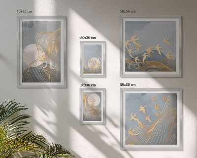 Conjunto de cuadros decorativos Ondas abstractas y pájaros