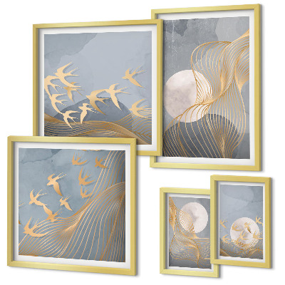 Conjunto de cuadros decorativos Ondas abstractas y pájaros