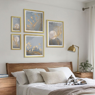 Conjunto de cuadros decorativos Ondas abstractas y pájaros