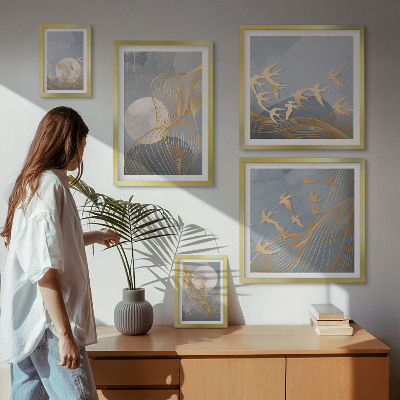Conjunto de cuadros decorativos Ondas abstractas y pájaros