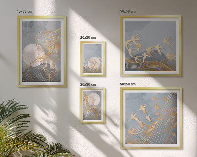 Conjunto de cuadros decorativos Ondas abstractas y pájaros