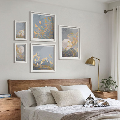 Conjunto de cuadros decorativos Ondas abstractas y pájaros