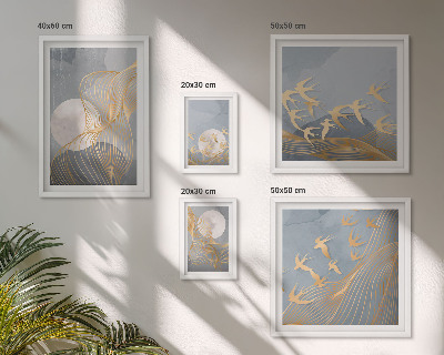 Conjunto de cuadros decorativos Ondas abstractas y pájaros