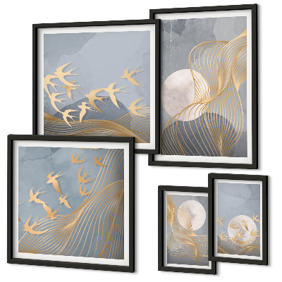 Conjunto de cuadros decorativos Ondas abstractas y pájaros