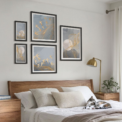 Conjunto de cuadros decorativos Ondas abstractas y pájaros