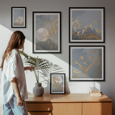 Conjunto de cuadros decorativos Ondas abstractas y pájaros