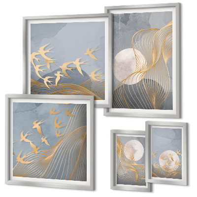 Conjunto de cuadros decorativos Ondas abstractas y pájaros